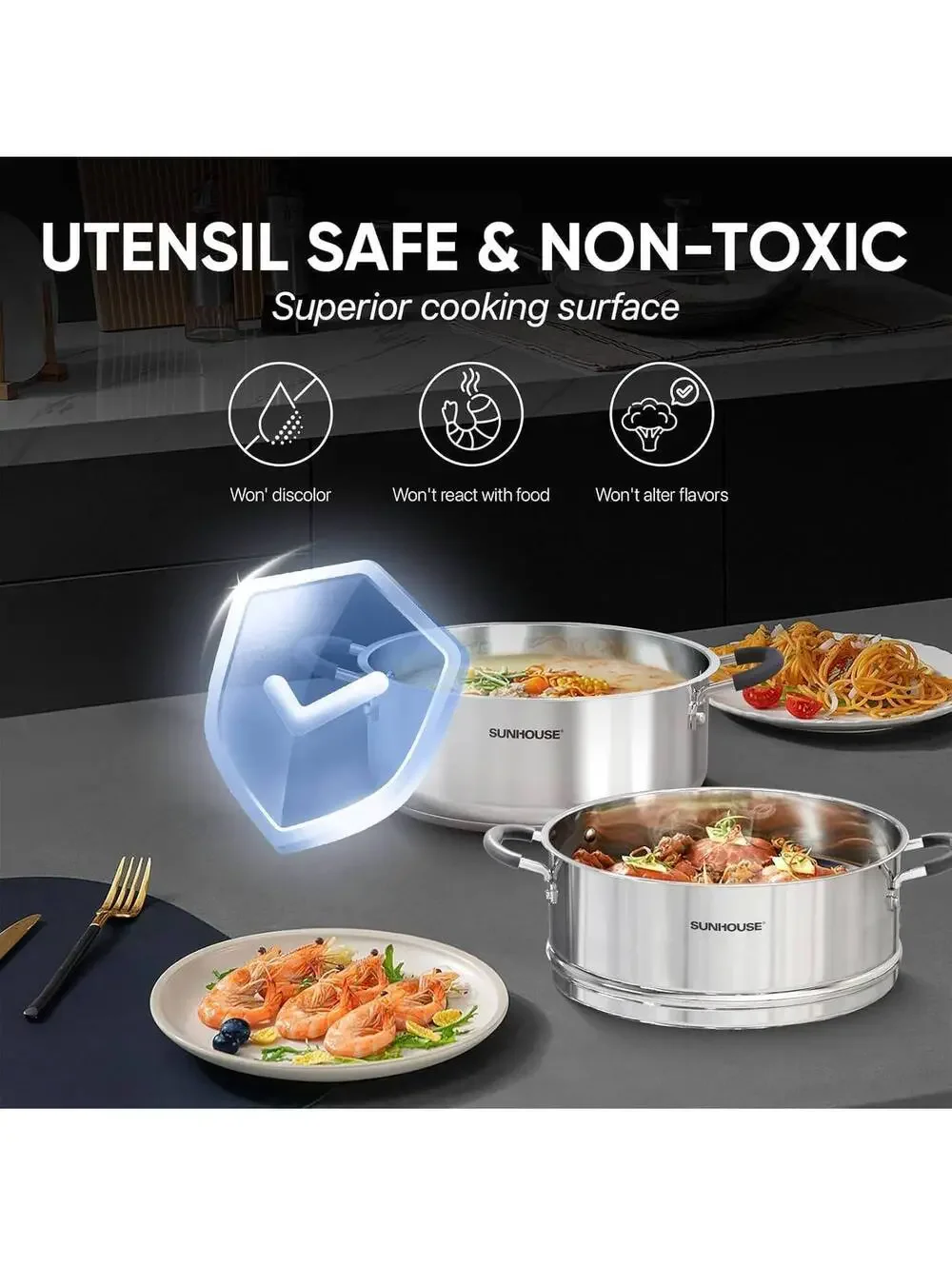 SUNHOUSE 4.6-Quart Stainless Steel Steamer Pot with Two-Tier Basket and Glass Ld